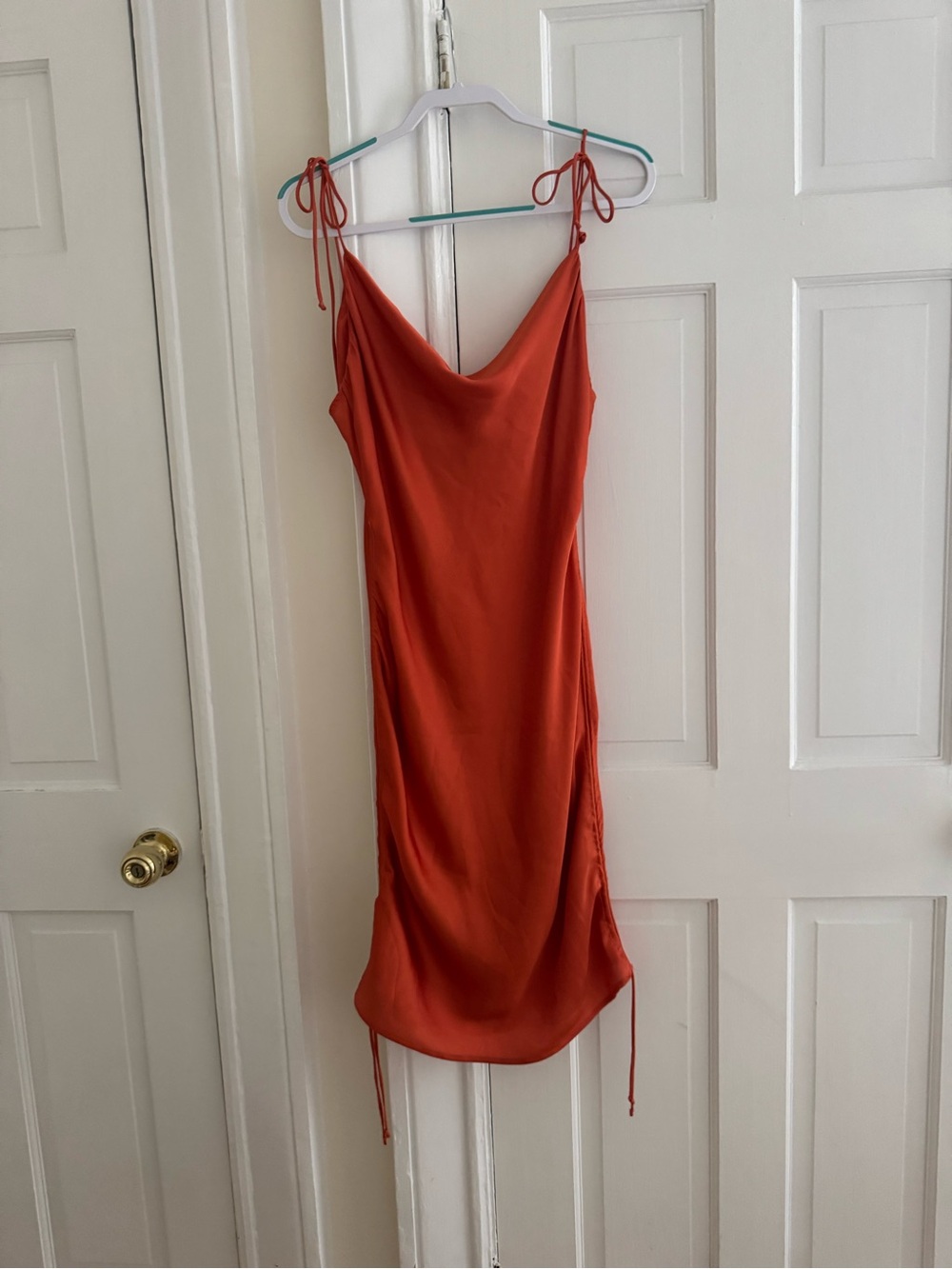 Victoria + Sophia Rust Satin Ruched Cowl Neck Adjustable Tie Dress L